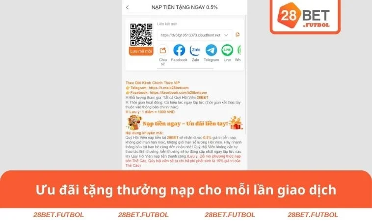 Ưu đãi tặng thưởng nạp cho mỗi lần giao dịch